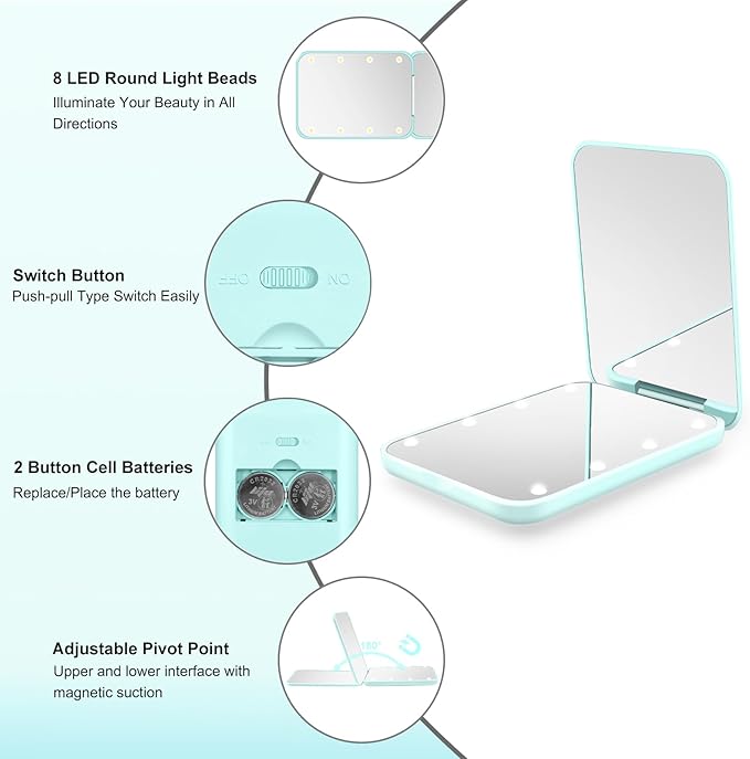 Compact Mirror, 1X/3X Magnification LED Pocket Mirror with Nternal BIattery, Mini Mirror for Purse, Pocket,Travel and Present (Mint Green)