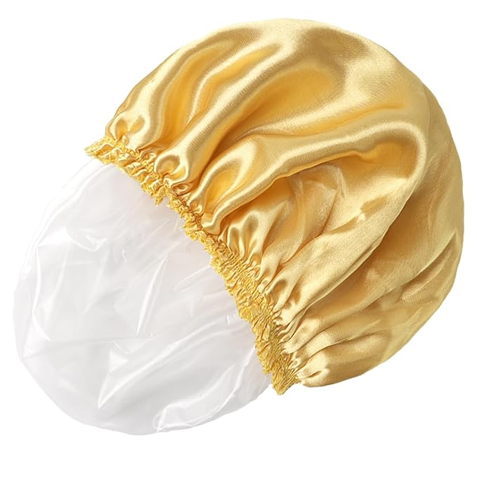 4 PCS Shower Cap for Women, Elastic and Reusable Bath Caps, Double Layers Shower Caps Reusable Waterproof, Bathing Shower Caps, Environmental Bath Hair Protection Cap -Gold+Green+Silver Gray+Brown