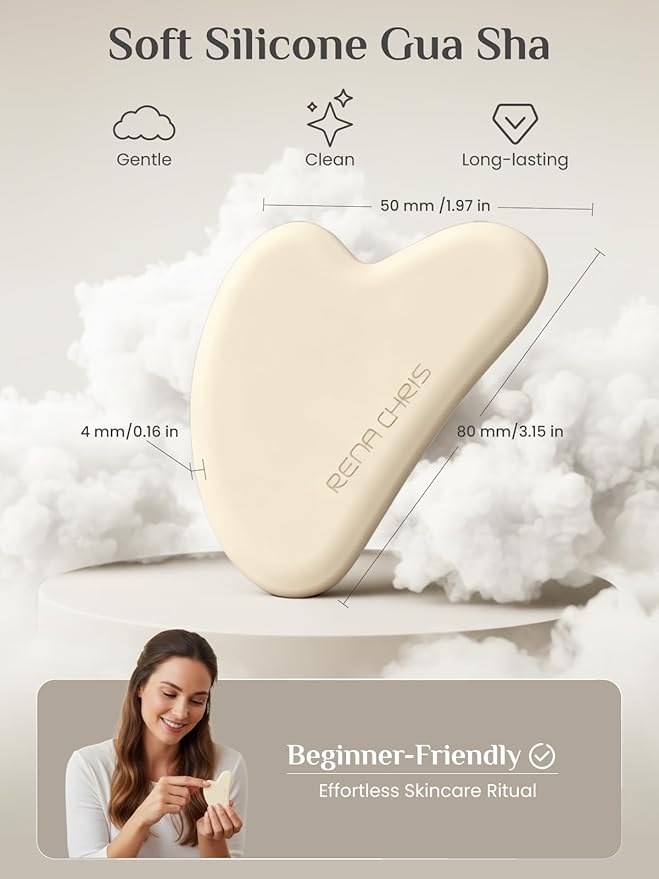 Rena Chris Gua Sha Facial Tools: Soft Silicone Guasha Tool for Face Acupuncture Therapy, Facial Massager for Jawline Sculpting and Puffiness Reducing (Peach)