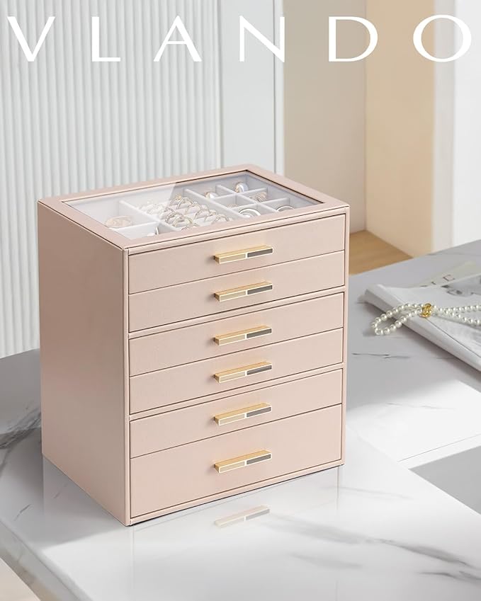 VLANDO 6 Layer Jewelry Box for Women, Glass Lid Jewelry Organizer with 6 Drawers for Necklaces Rings Earrings Bracelets - Toffee