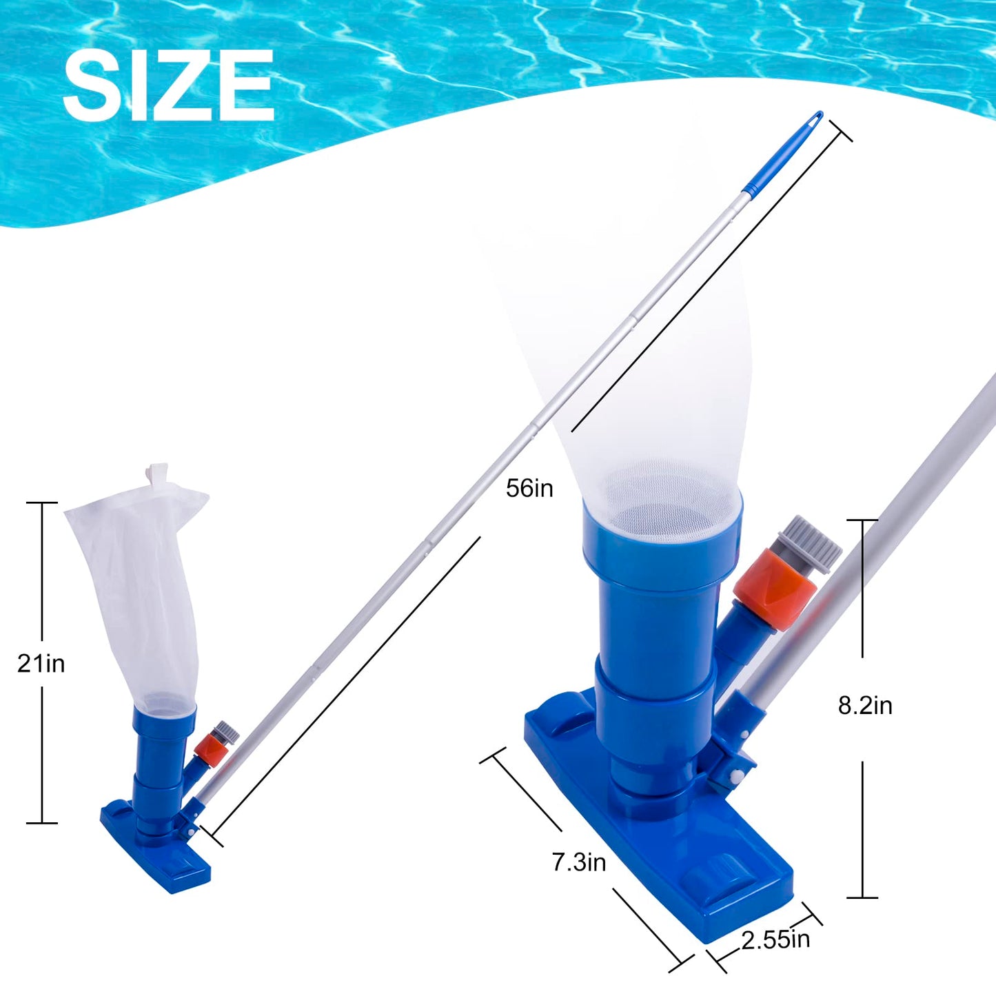 Sepetrel Upgraded Swimming Pool Spa Jet Vacuum Cleaner with Brush & 56" Pole,for Above Ground/Inflatable Pool,Hot Tub,Pond, Spa, Lake and Fountain