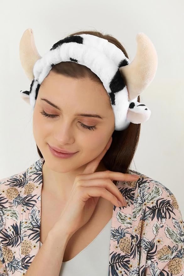 Huachi Cow Hairband for Washing Face, Soft Microfiber Spa Headband for Women & Girls, Cute Animal Print, Facial Cleansing Head Wraps, Perfect for Skincare, Makeup, Pajama Parties, Stocking Stuffers