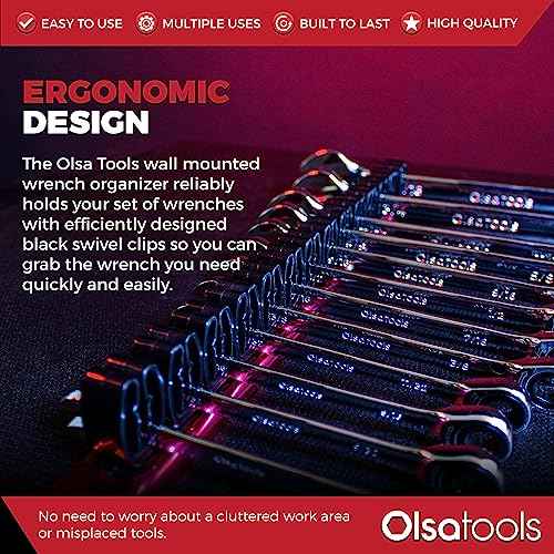 Olsa Tools Wall-Mounted Wrench Rack - Red Anodized Aluminum Rail with Black Clips - Stores 14 SAE or Metric Wrenches Securely - Professional Organizer - Part: 1028