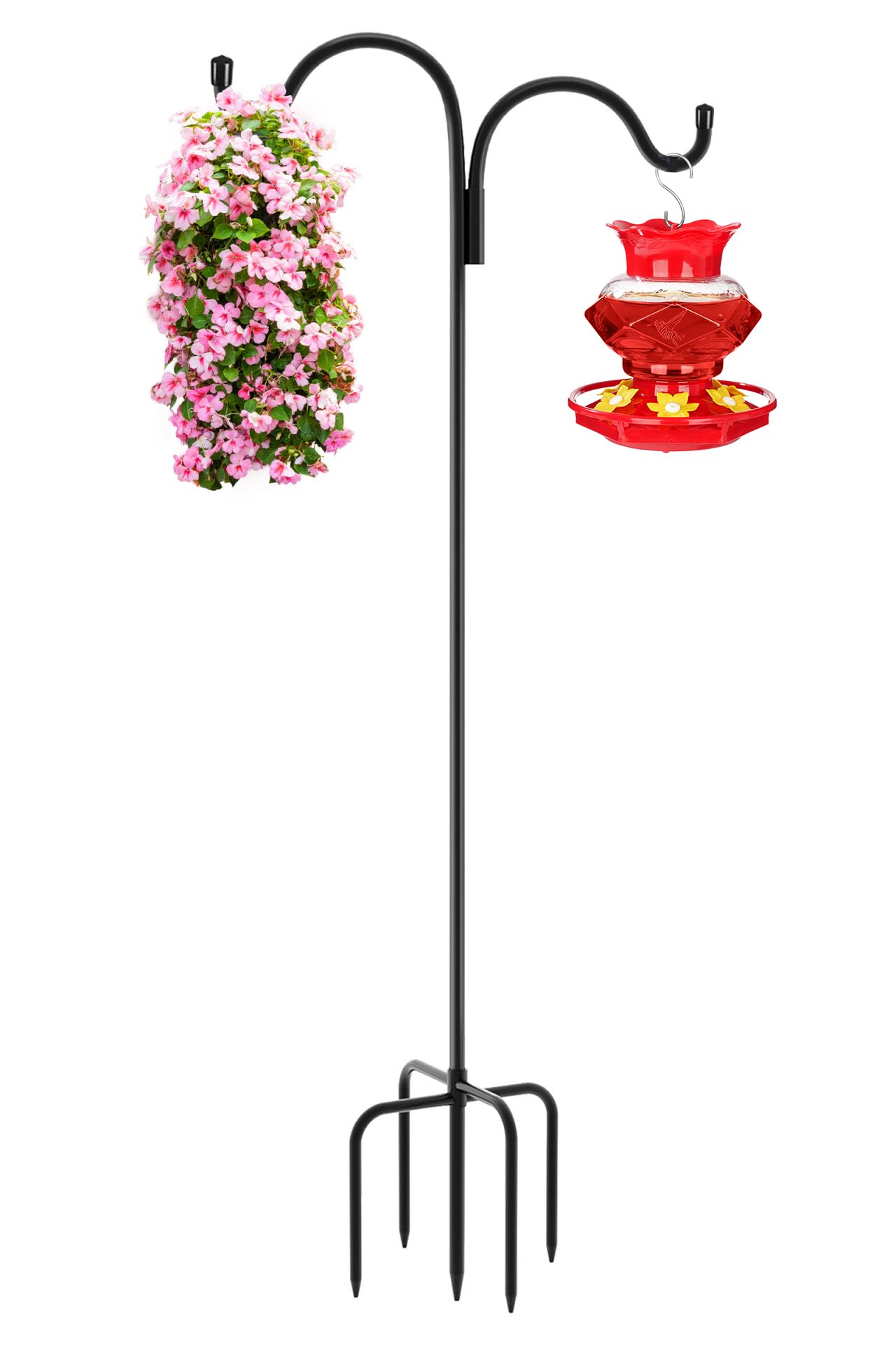 Gtongoko Double Shepherds Hook for Outdoor, 92 Inch Bird Feeder Pole with 5 Prongs Base, 5/8 Inch Thick Heavy Duty Adjustable Garden Hook for Hanging Plant, Lantern, Hummingbird Feeder, 1 Pack