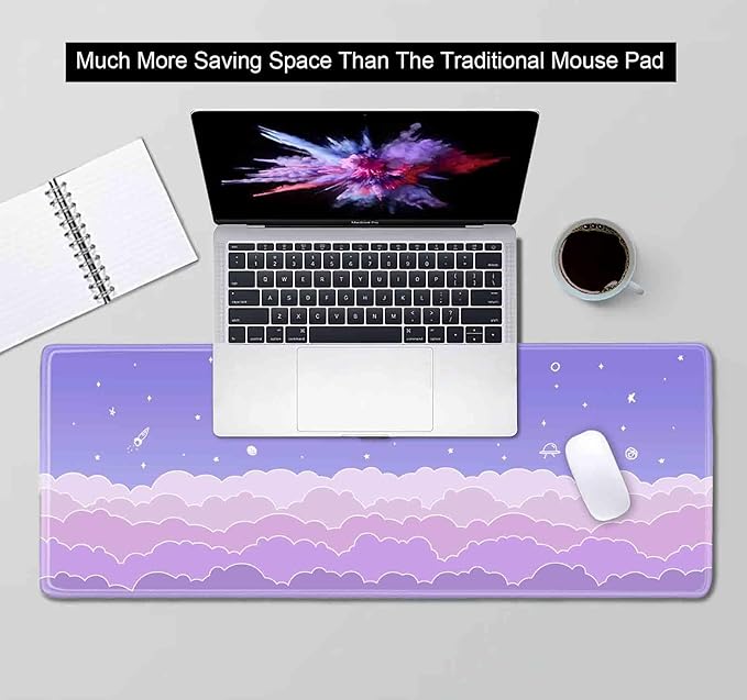 Cute Pastel Purple Desk Mat, Minimalist Large Gaming Mouse Pad Mousepad for Laplop, Kawaii Anime Desk Pad, Gradient Clouds Computer Pads, Aesthetic Stars Moon Deskpad, 31.5 X 11.8 Inch