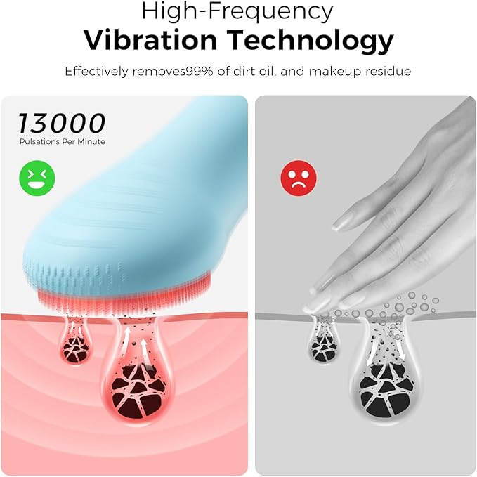 Face Scrubber Facial Cleansing Brush - Waterproof and Rechargeable Face Cleansing Brush with 4 LED Gentle Light, Cleansing, Exfoliating and Massaging, Electric Face Scrub Brush for Men & Women (Blue)