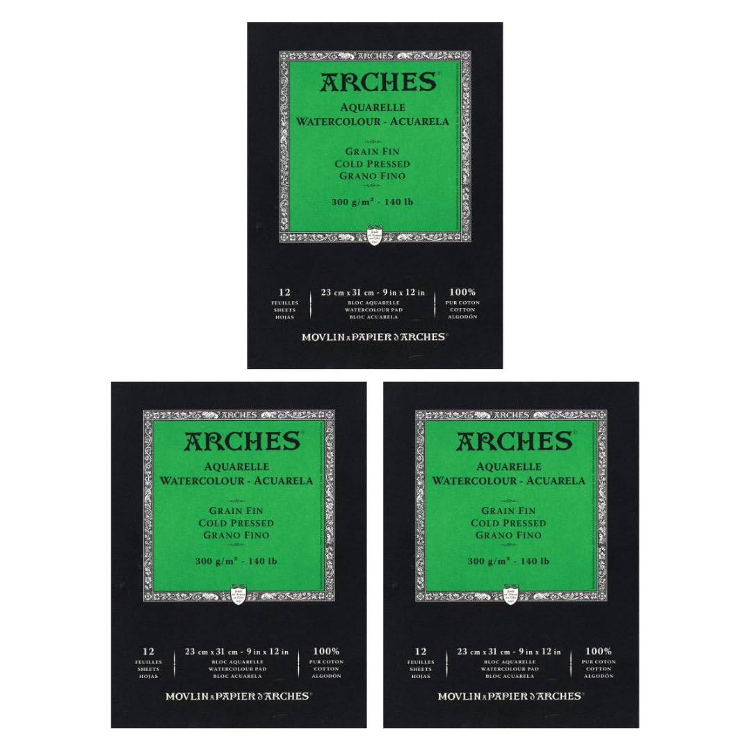 Arches Watercolor Paper Pad, 140 Pound, Cold Press, 9"x12", 12 Sheets/Pack, Case of 3 Packs