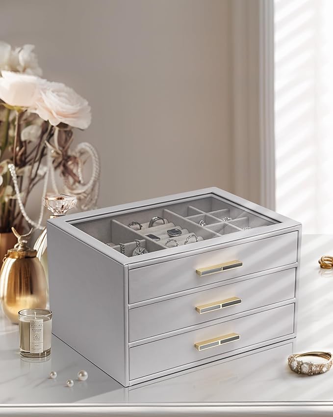 Vlando Jewelry Box for Women, Glass Lid Jewelry Organizer with 3 Drawers for Necklaces Rings Earrings Bracelets - Grey