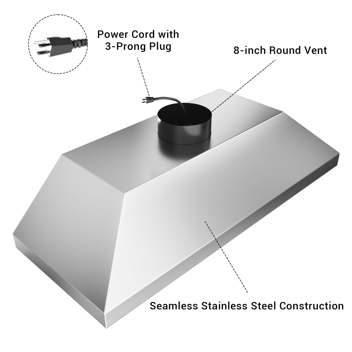 48-inch Range Hood Insert with Inline Remote Blower, CT Copper Tailor 1260CFM Kitchen Vent Hood, 4-Speed Exhaust Fan, 4 LED Lights, 8" Round Ducted,Baffle Filters, in Stainless Steel