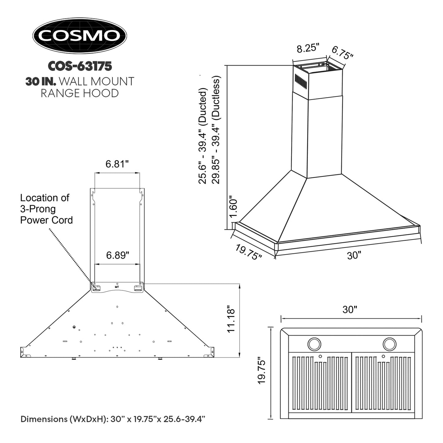 COSMO COS-63175 30 in. Vista Collection 380 CFM Ducted Wall Mount Range Hood, Button Controls, LED Lights, Stainless Steel