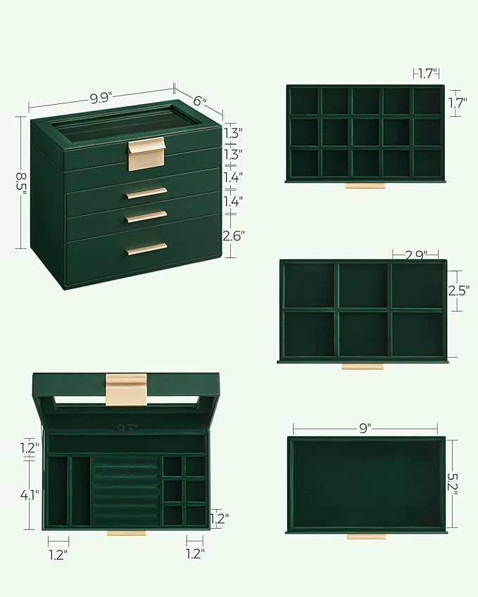 SONGMICS GISELLA Collection - Jewelry Box Organizer, 4-Layer Jewelry Storage with 3 Drawers, Shiny Metal Hardware, Glass Lid, Modern, 6 x 9.9 x 8.5 Inches, Forest Green and Gold Color UJBC161G01