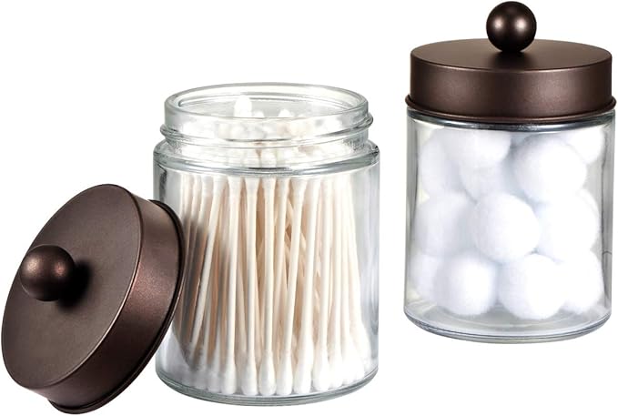 Amolliar 4 Pc Glass Apothecary Jars - Countertop Qtip Dispenser Holder with Stainless Steel Lids&Cute Stickers -Bathroom Vanity Storage Organizer Set for Qtips,Cotton Swabs/Rounds (Bronze)
