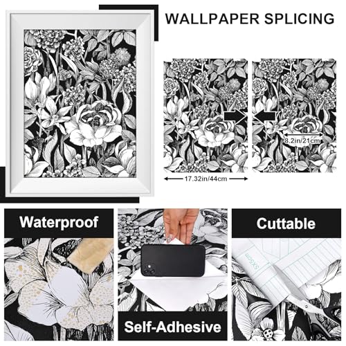 Black and White Floral Wallpaper A Set of 17.3"x120" Modern Boho Peel and Stick Wallpaper Self-Adhesive Removable Floral Contact Paper for Cabinets Drawer Shelf Liner