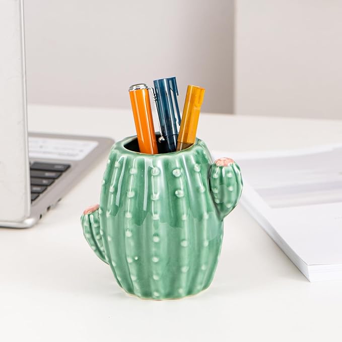 Ceramic Cactus Pen Holder Stand Cup Cactus Pencil Holder Organizer Makeup Brush Holders for Home Office Desk (Green Cactus)