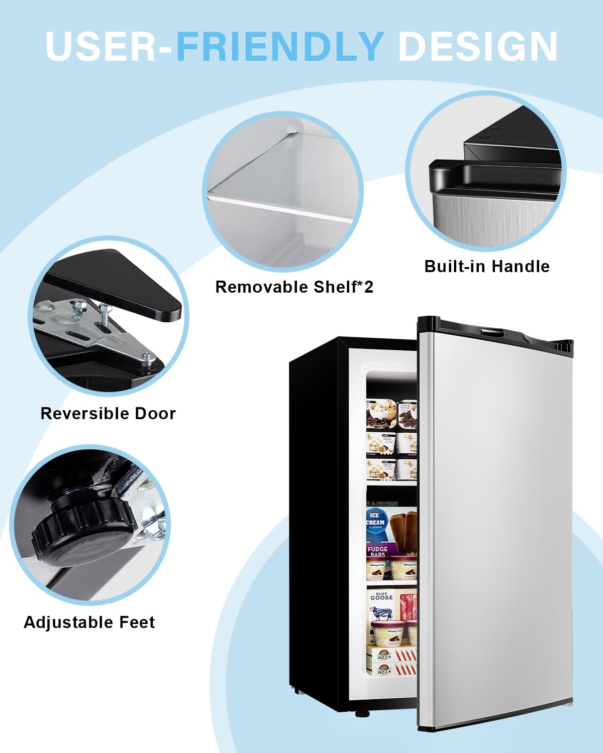 Feelfunn 1.1 Cu.ft Mini Freezer - Compact Upright Freezer with 7 Adjustable Thermostat, Removable Shelf, Reversible Single Door, 360°Uniform Cooling Small freezer for Home Office Apartment Dorm, Black