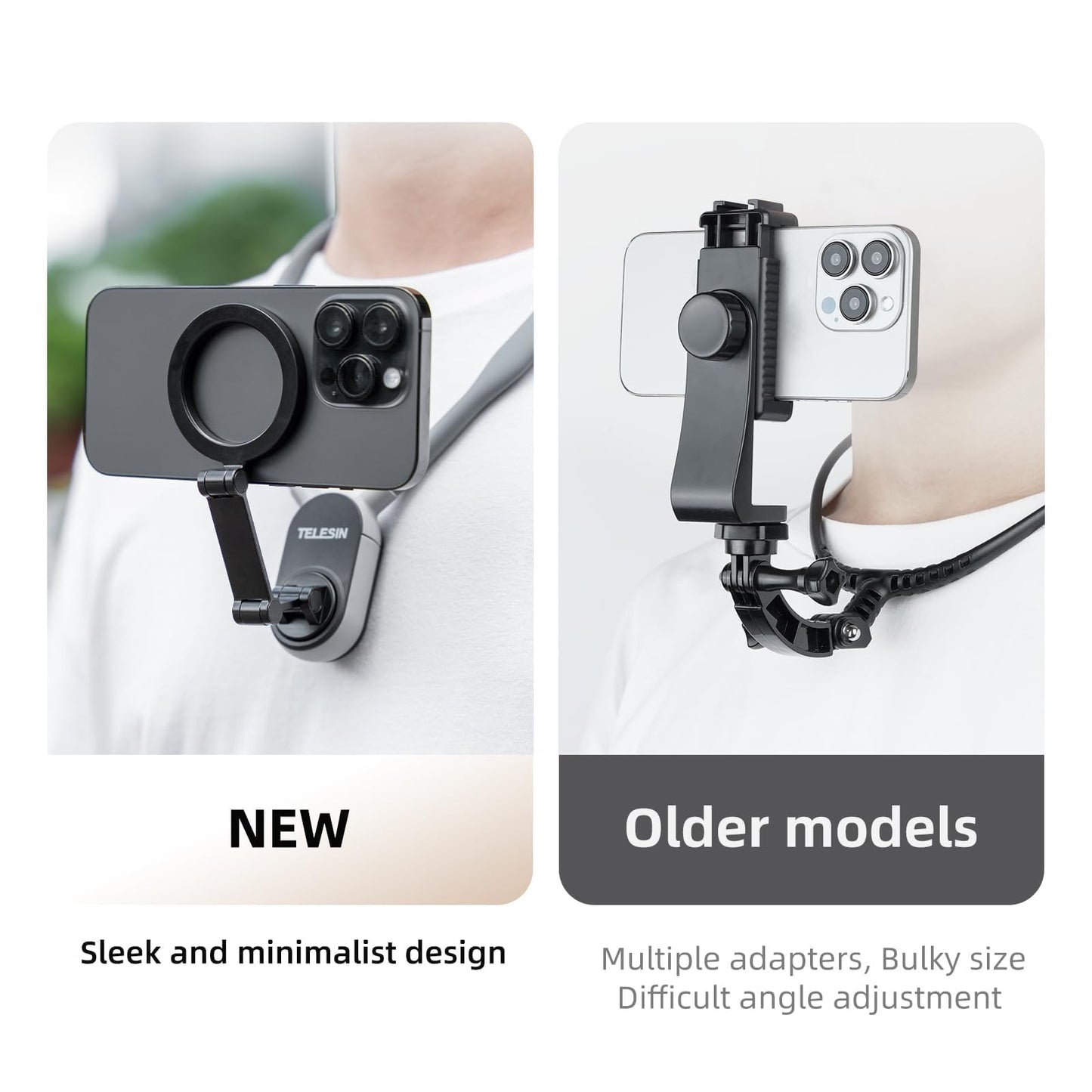 TELESIN Magnetic Neck Mount for Phones, Neck Cell Phone Holder POV/Vlog Selfie Mount Hand Free Phone Neck Holder Chest Stand Strap Video Recording for iPhone 16 15 14 13 12 Seires Android Phones Gray