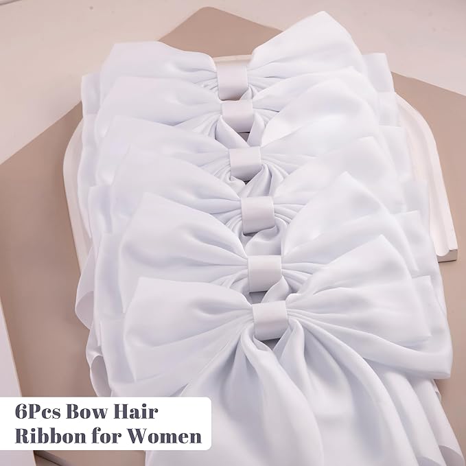 6Pcs Large Bows Hair Clips for Women Girls Long Tail Hair Ribbon Silky Satin Barrettes Coquette Bows Accessories (White)