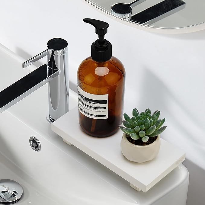 White Wooden Bathroom Counter Tray Organizer Small Wood Risers Pedestal Stand Kitchen Soap Dish Dispenser Holder for Bathroom Counter Decor Farmhouse Bathroom Sink Accessories Modern Vanity Tray
