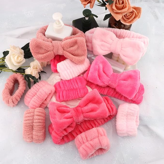 SPA Headbands for Washing Face Makeup Headbands with Bow Hair Band Women Facial Head Band Laurel Wrist Towel Wraps For Shower Face Mask Red Pink, 12 Pack