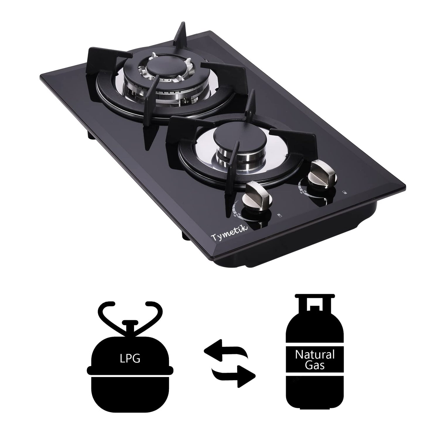 Tymetik 12 Inch Gas Cooktop - 2 Burner Built-in Stovetop with Tempered Glass, LPG/NG Convertible Dual Fuel, Ideal for RVs, Apartments, Outdoor
