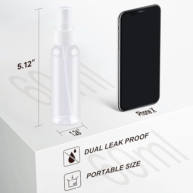 Small Spray Bottles 2OZ, Plastic Travel Spray Bottle, Refillable Mini Spray Bottle for Face, Liquids, Perfume, with Labels (3 Pack)