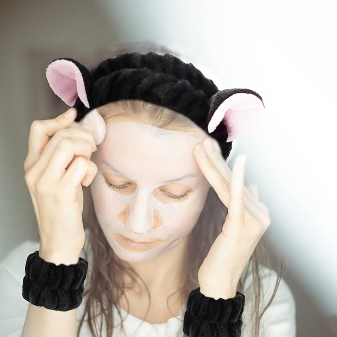 WHAVEL 3PCS Spa Headband and Wristband Set, Cute Cat Ears Headband for Washing Face Makeup Head band(Black)