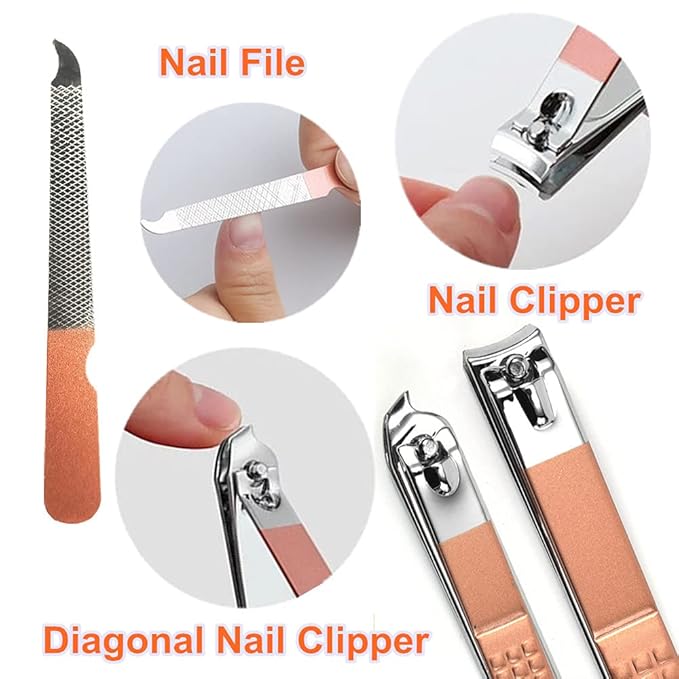 QURIPE 7pcs Manicure Set, Nail Clippers Kit, Stainless Steel Manicure Kit, Nail Clipping Tools Portable Travel Grooming Kit, The Best Gift with Luxurious Case(Rose Gold)