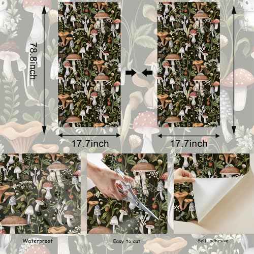 Mushroom Wallpaper Peel and Stick Wallpaper Black 17.7" x 78.8" Self Adhesive Removable Wall Paper Leaf Forest Mushroom Contact Paper for Countertops Decor