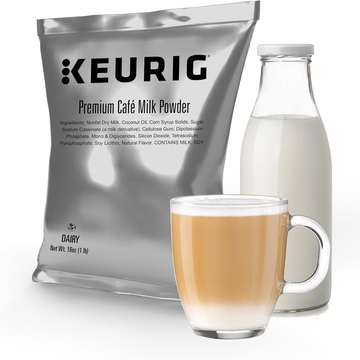 Keurig Premium Café Milk Powder, 1lb Bag, Specialty Beverage Base for Lattes & Cappuccinos, Makes About 30 Drinks, for Commercial Brewers, Contains Milk & Soy, 12 Pack