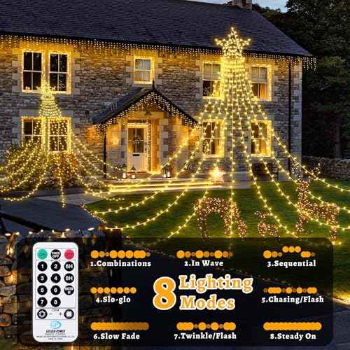 23FT 714 LED Christmas Decoration Lights Outdoor, 8 Modes Waterfall Star String Lights with Waterproof Timer, Dimmable Waterfall Tree Lights for Indoor Roof Patio Holiday Party, Warm White