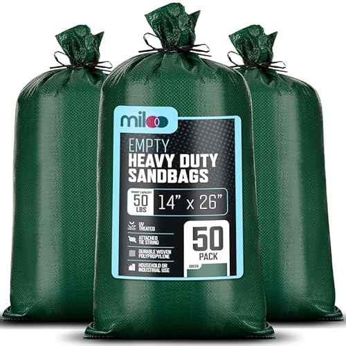 Green Heavy Duty Sand Bags for Flooding - 50 lb Empty 50 Pack of Sandbags with Tie Strings for Flood Control - 1600 Hours of UV Protection Woven Polypropylene Bags - 14 x 26 Inches