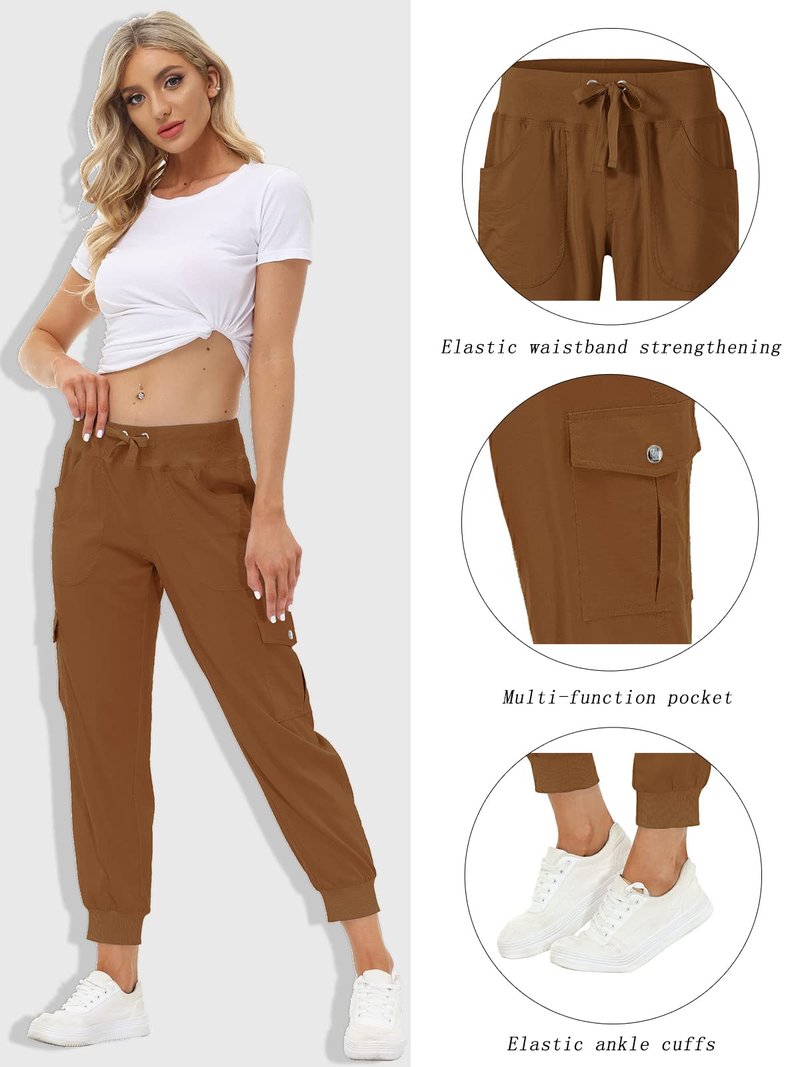 MoFiz Womens Lightweight Quick Dry Cargo Pants Outdoor Summer Travel Casual Sports Hiking Jogger Sweatpants Button Pockets Earthy Yellow XS