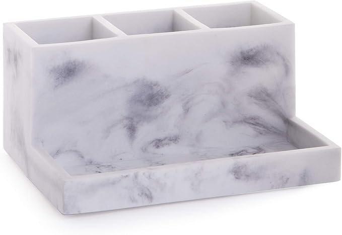 BINO | Multi Purpose 3 Compartment Organizer with Tray | Makeup Brush Holder Makeup Brush Organizer Holder Toothbrush Marble Bathroom Accessories (Matte Marble)