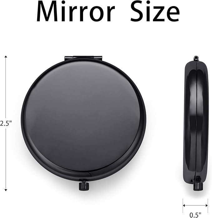 Compact Mirror for Purse, Metal Round Shell, Double-Sided 1X/2X Magnifying, Portable Travel Makeup Mirror, Mini Pocket Mirror, Black, 1 Pack