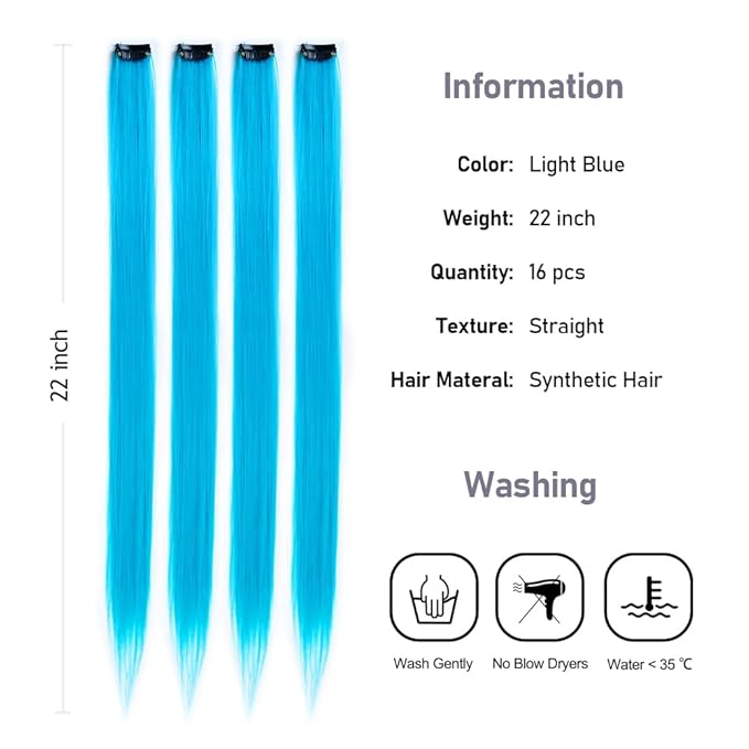16Pcs Light Blue Clip in Hair Extensions Straight Synthetic Highlights Colored Party Hairpieces for Women Festival Daily Outfits 20 Inch