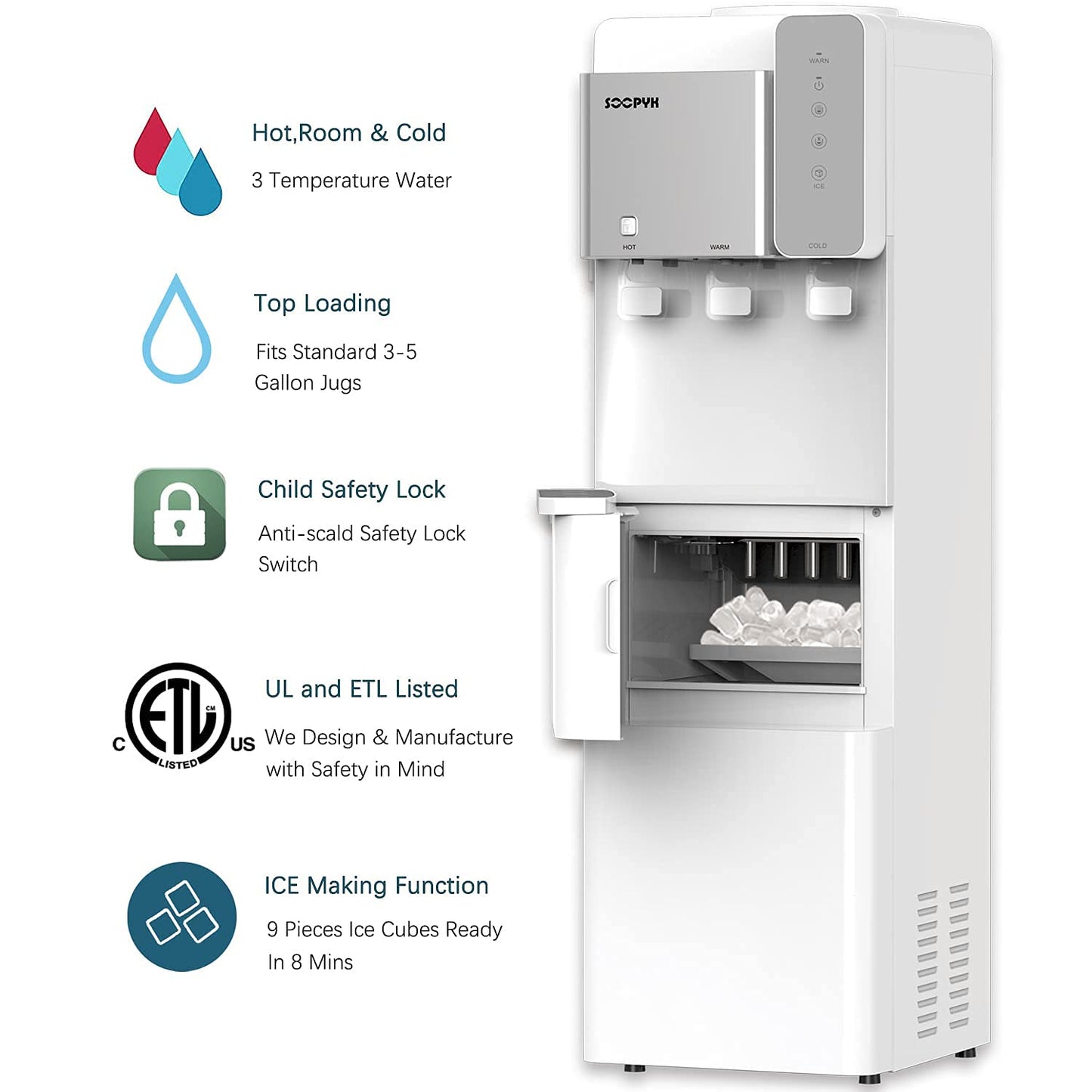 SOOPYK Hot and Cold Water Dispenser with Ice Maker for 5 Gallon Bottle Water Cooler Dispenser Built-in Ice Maker 27 lbs in 24 hrs with Child Safety Lock