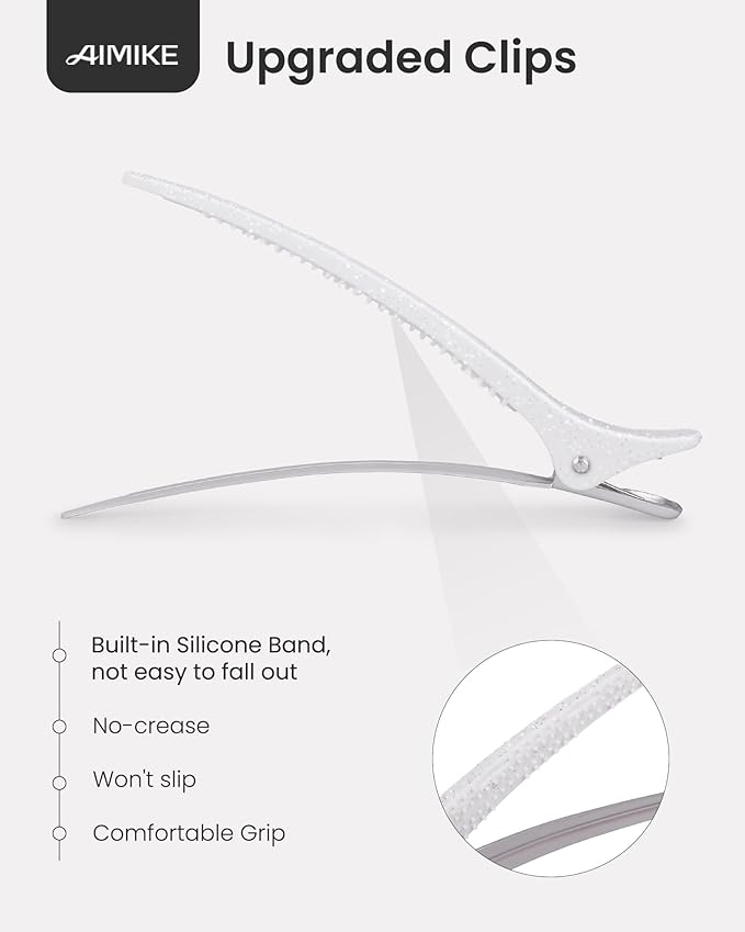 AIMIKE Extended Sectioning Hair Clips w/Built-in Silicone Band, 4.8" No-Crease Non-Slip Hair Styling Clips for Thick, Long Hair – Blow Drying,Hair Rollers, Rust-Free –6 Pack, White Duckbill Clips