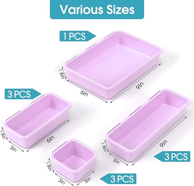 10 PCS Drawer Organizer Set, 4 Size Makeup Drawer Divider Organizer With Non-Slip Pads, Interlocking Plastic Storage Bins for Office,Jewelry Vanity,Gadgets, Bathroom,Kitchen, Purple
