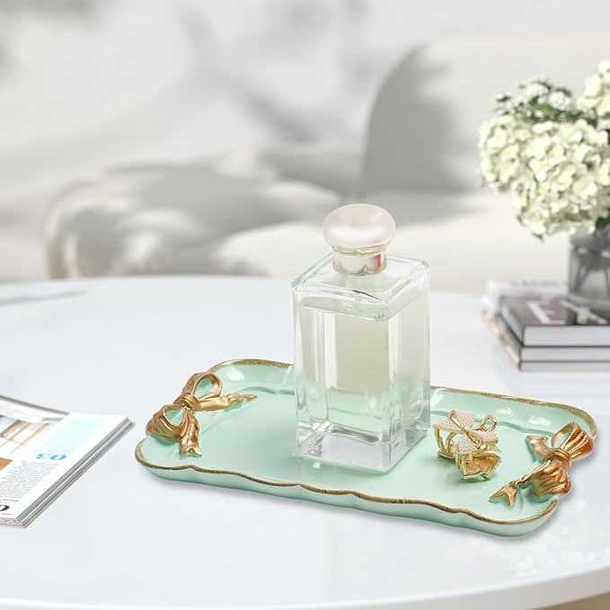 Vintage Decorative Tray Jewelry Tray Towel Tray Storage Tray Rings Necklace Bracelets Earrings Trays Cosmetics Jewelry Organizer Retro Design Bow Decor Resin Plate Coquette Room Decor (Green)