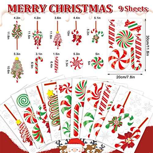 AnyDesign 9 Sheet Christmas Window Clings - Candy Cane Lollipop Peppermint Decals - Double-Sided Merry Christmas Decor for Home, School, Office, Candyland Party Supplies