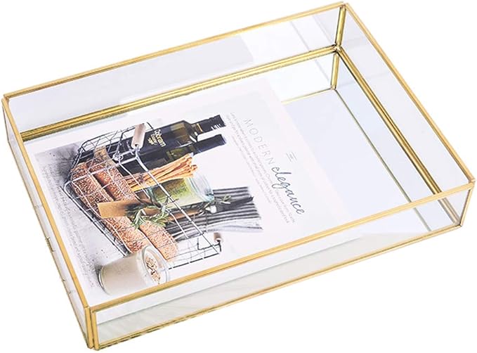 Sooyee Gold Rectangle Mirror Tray, Metal and Glass Decorative Tray Can Hold Perfume, Jewelry, Cosmetics, Makeup, Magazine and More for Vanity, Dresser, Bathroom, Bedroom (12"x8")