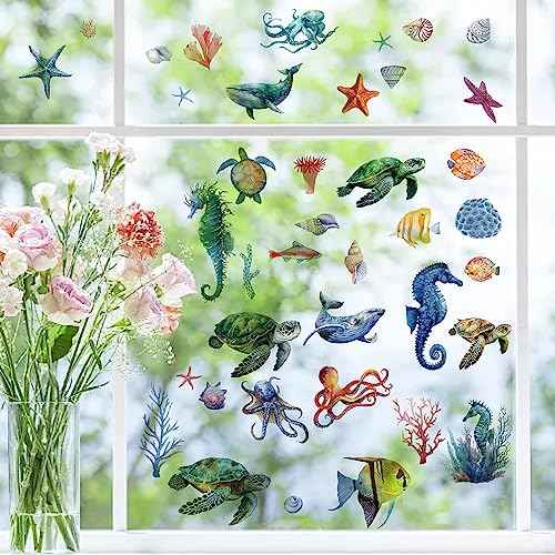 CRASPIRE 8 Sheets Sea Life Window Decals Stickers Ocean 3D Turtle Seahorse Starfish Coral Shell Summer Wall Clings Sticker PVC Self-Adhesive Peel and Stick for Bathroom Home Nursery Bedroom Bathroom