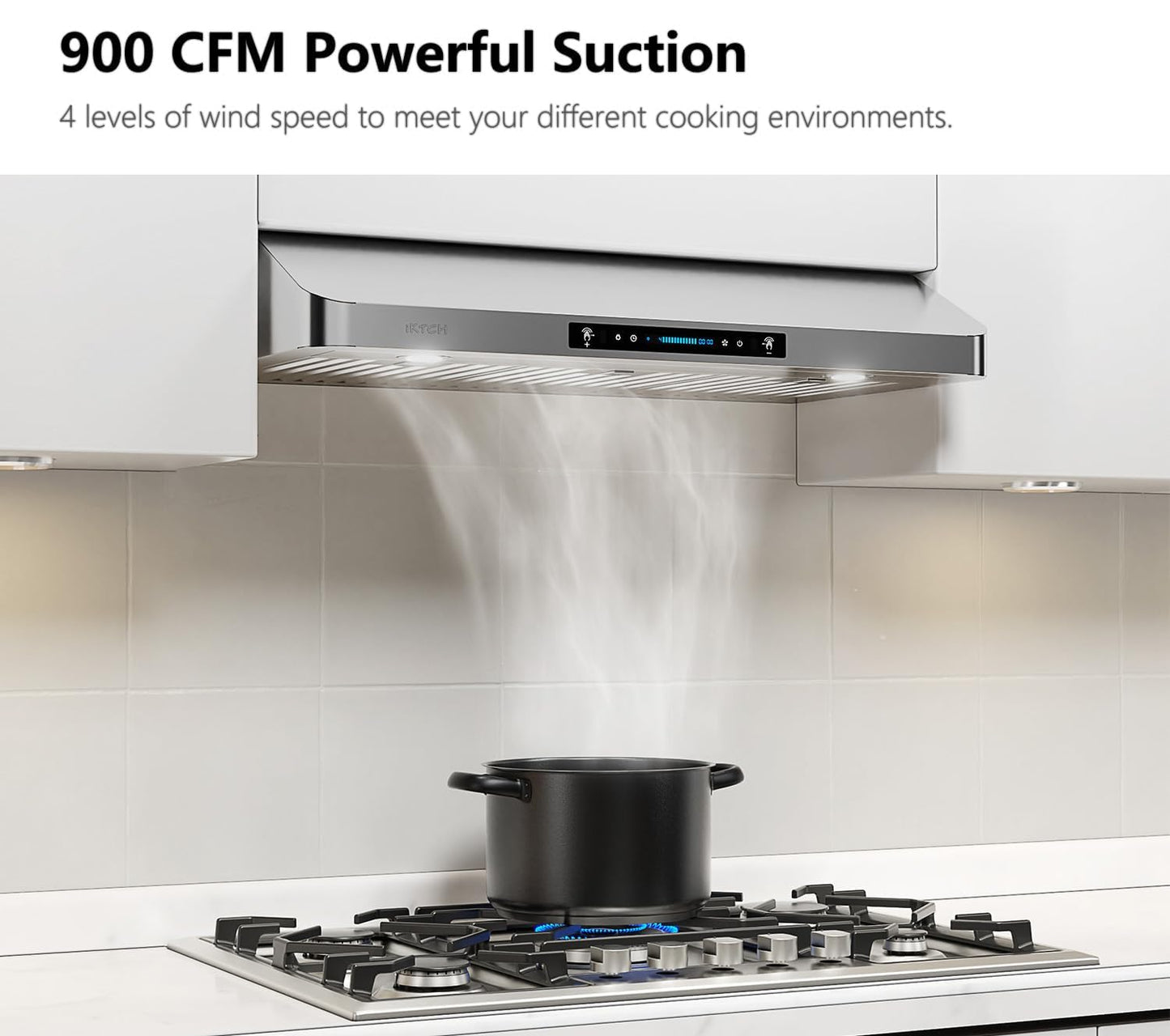 IKTCH 42 Inch Under Cabinet Range Hood, 900CFM Range Hood with 4 Speed Gesture Sensing&Touch Control Panel, Stainless Steel Kitchen Vent with 3 Pcs Baffle Filters