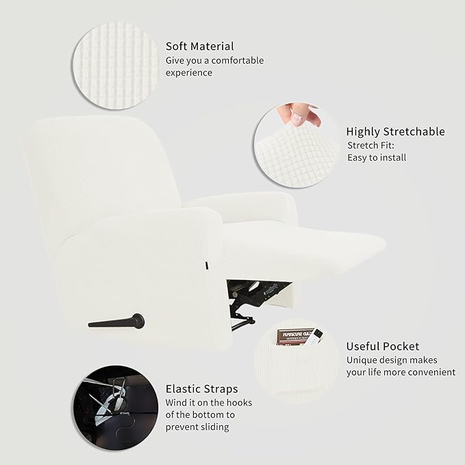 Easy-Going Recliner Stretch Sofa Slipcover Sofa Cover 4-Pieces Furniture Protector Couch Soft with Elastic Bottom, Spandex Jacquard Fabric Small Checks(Recliner,Cream)
