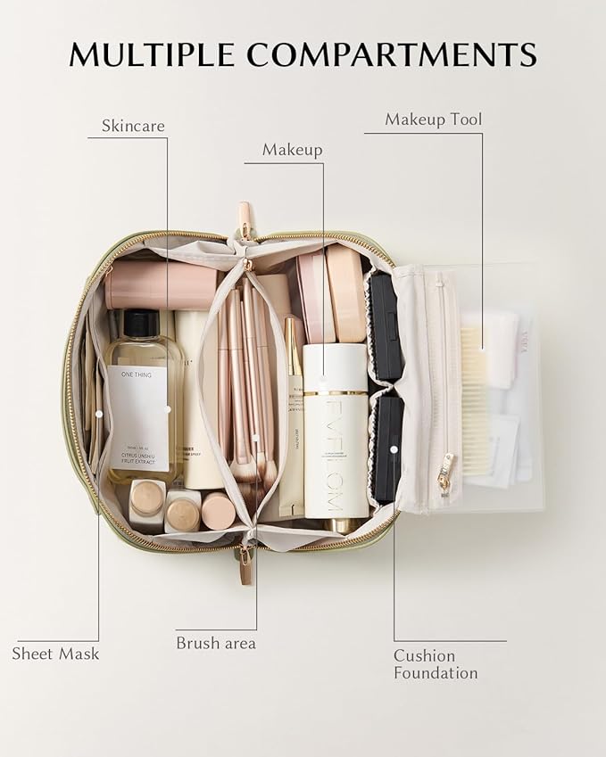 EACHY Travel Makeup Bag, Large Capacity Cosmetic Bag for Women, Waterproof PU Leather, Flat Open Portable Toiletry Bag for Skincare, Brushes & Travel Essentials