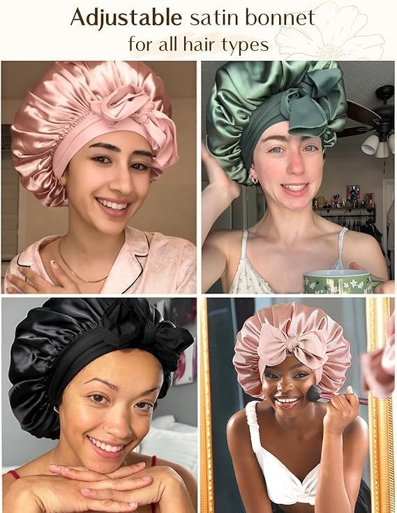 YANIBEST Adjustable Satin Bonnet for Sleeping Women Double Layer Hair Wrap Reduce Friction Prevent Frizz Natural Curly Hair