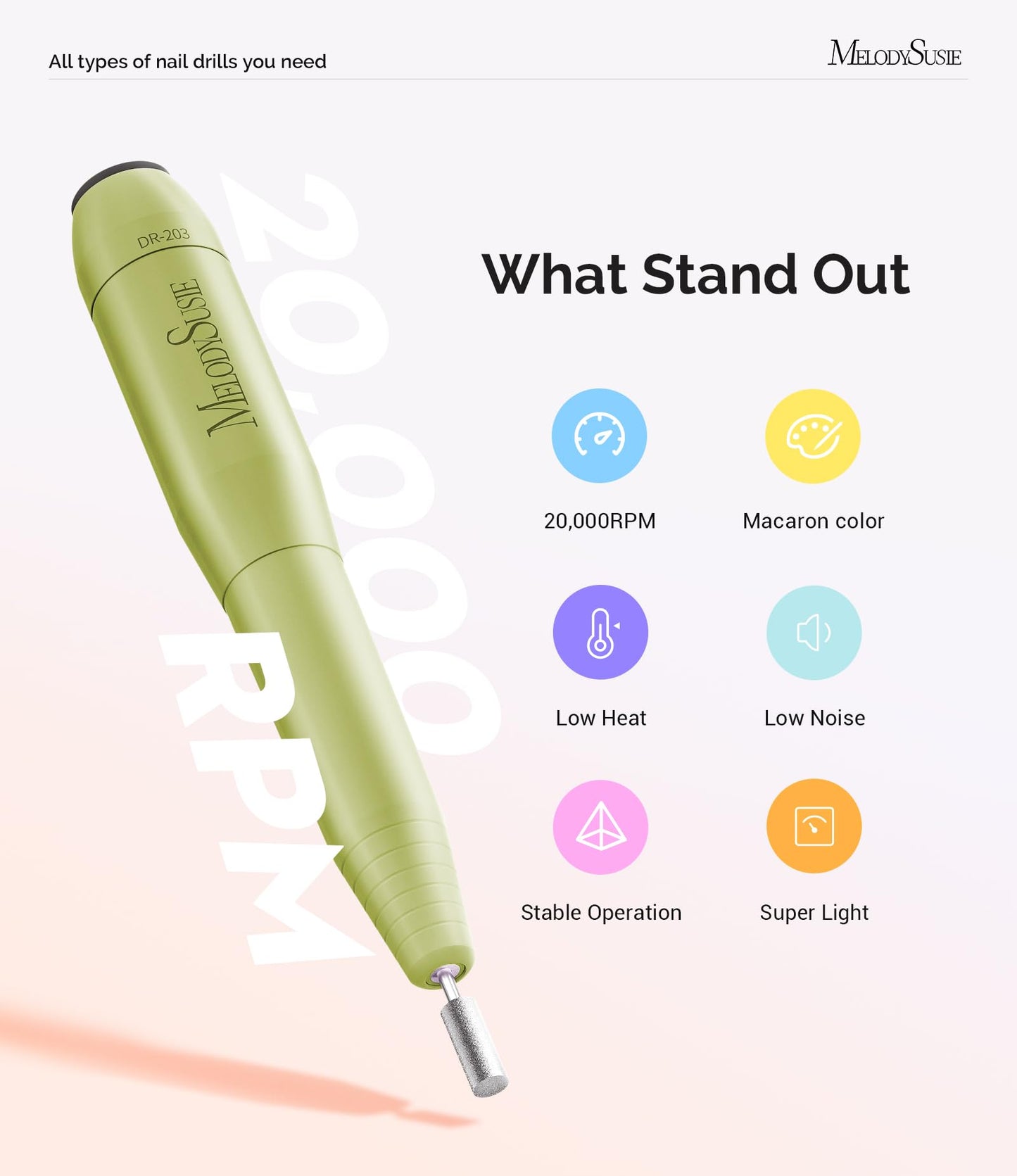 MelodySusie Pen-Shaped Portable USB Nail Drill, PC120I 20000RPM Electric Nail File with Compact Design for All Nail Care, Manicure Polishing, Shaping & Gel Removal at Home for Beginners