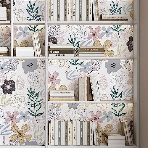 Mecpar Floral Peel and Stick Wallpaper 17.71'' x 118'' Pink Perennial Blooms Contact Paper - Vinyl Self Adhesive Removable Waterproof for Bathroom Cabinet Decorative