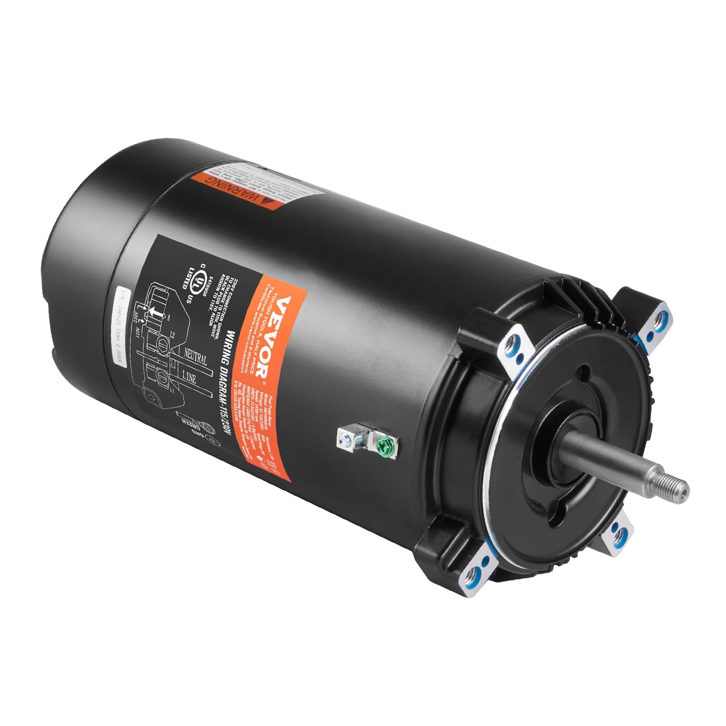 VEVOR 1.5 HP Pool Pump Motor, 56J Frame, 115V(13.6 Amps)/230V(6.8 Amps) 3450 RPM, 60Hz, 1.3 Service Factor, 90μF/250V Capacitor, CCW Rotation Round Flange Replacement Motor