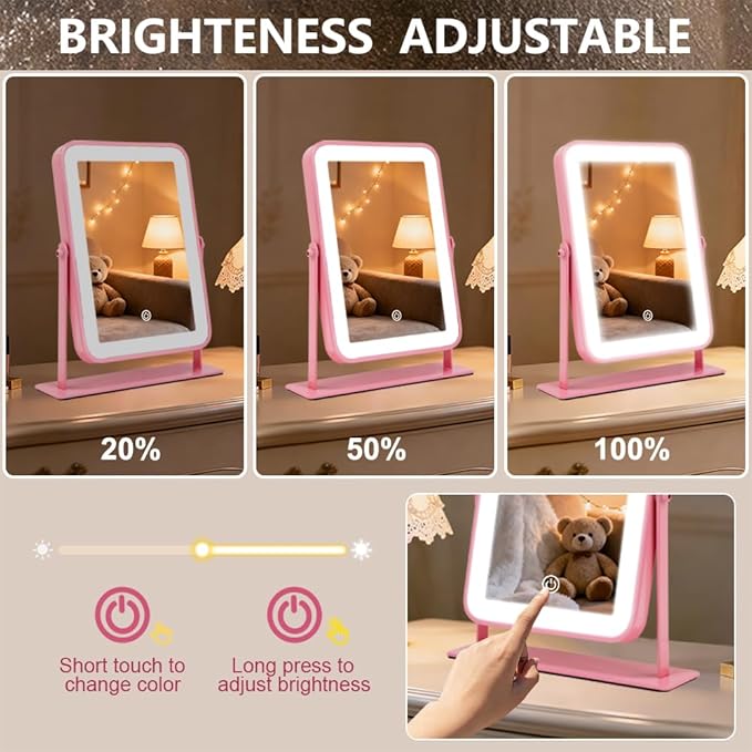 YEKKOPT Portable Desk Vanity Mirror with Lights,11"ÃÂ9" Small Pink Rechargeable Makeup Mirror with Lights,Smart Touch Screen with 3-Color Lighting,Dimmable,for Dorm Tabletop,Bedroom,Decor